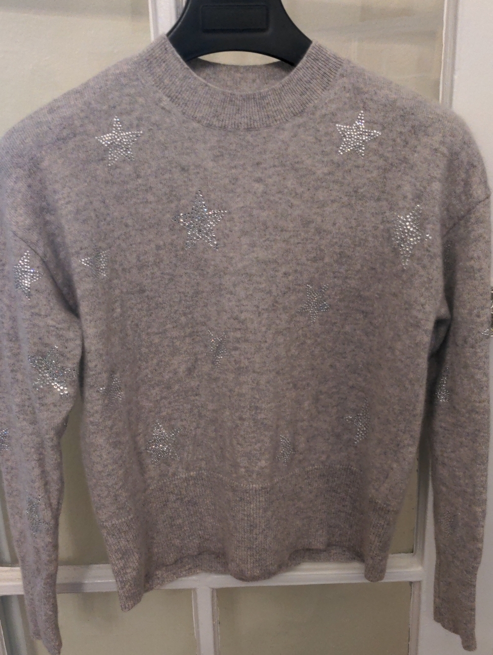 New 100% Cashmere Grey Crewneck Sweater, Rhinestone Star Sparkle, S